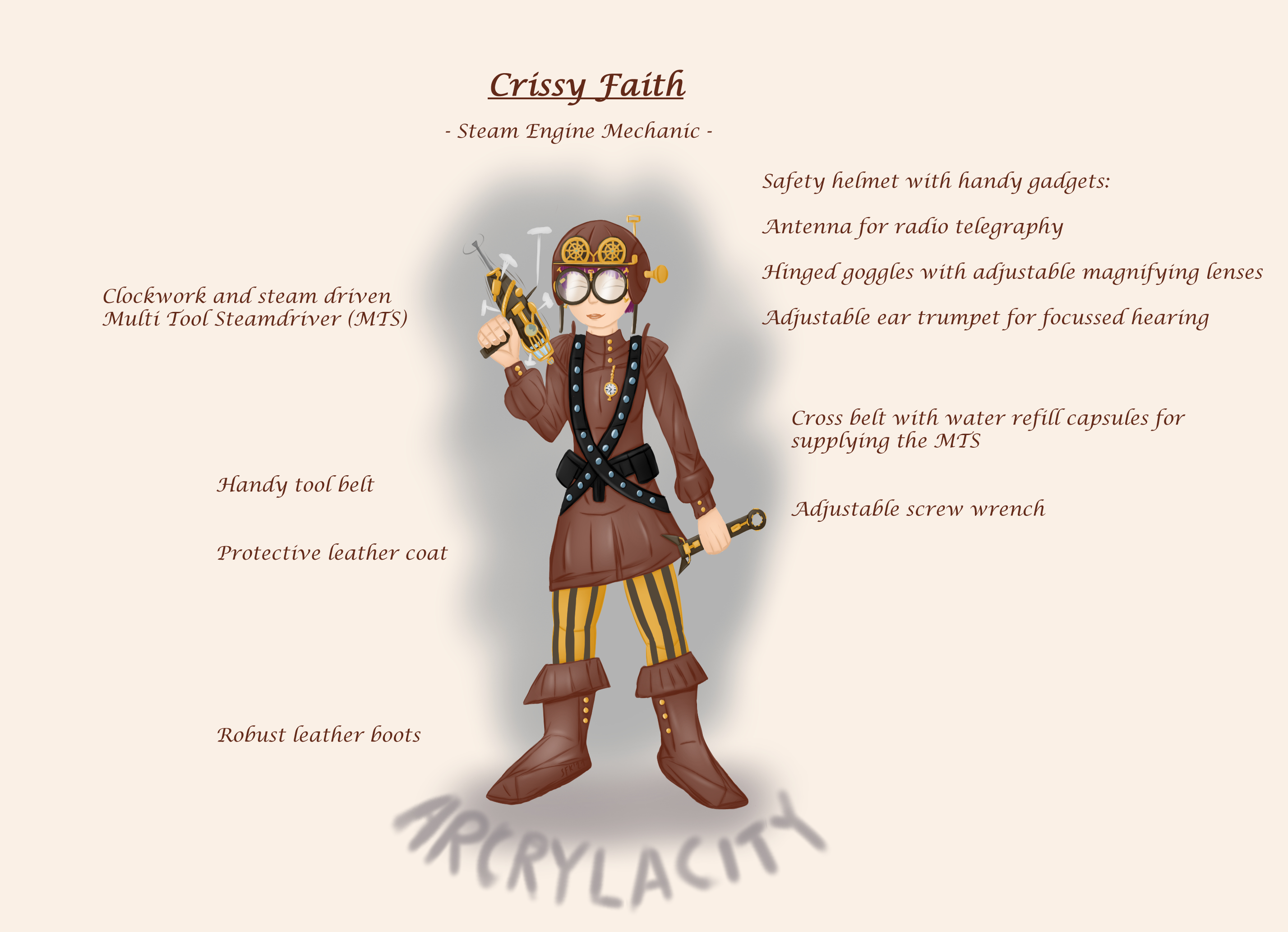 Character sheet of a young woman, digital painting, comic style on light "paper": She has got short purple hair and is wearing big round glasses. She is also wearing a leather coat, leather boots, yellow and black striped trousers, belts and a brown (leathery) safety helmet with gadgets, in the right hand she is holding a driller like tool, in the left hand an adjustable screw wrench, the background is a diffuse grey cloud encompassing her silhouette, on the ground letters are forming the word "Arcryla City". There are background information on the sheet: Cetre: Crissy Faith - Steam Engine Mechanic; to the right: Safety helmet with handy gadgets: Antenna, Hinged Googles, Ear trumpet; Cross belt with water refill capsules; adjustable screw wrench. One the left: Clockwork and steam driven Multi Tool; Toll belt; Leather coat; Leather boots