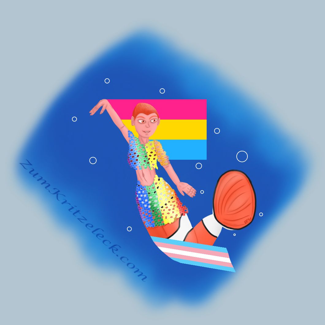 Digital Painting, comic style: Nema, the clownfish based mermaid with short orange hair wearing a rainbow colored shiney belly top and skirt made of shells, the pansexual pride flag is attached to her rised right arm, the fish body is covered at the front with the transgender pride flag