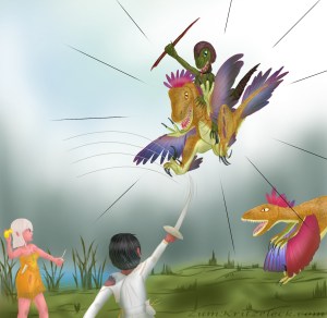 Digitalzeichnung, Comicstil: Szenerie ist der Rand eines Sees, helles Tageslicht, verschwommene Schemen von Bäumen im Hintergrund: Luca (junge Frau, schwarze, kurze Haare) in ihrer Gardistinnenuniform (weiß mit goldenen verzierungen, an der linken Schulter jedoch zerrissen, sie hat dort auch einen blauen Fleck) von hinten gesehen. Sie schwingt den Säbel von links nach rechts oben, Haare, Körper und der Beutel am Gürtel schwingen mit der Körperdrehung mit, die Säbelspitze zeigt auf ein dinosaurierähnliches Wesen (Typ Raptor) mit rot-violett-blauer Befiederung und orangenem Federflaum am Körper, der sich im Sprung auf sie befindet. Auf dessen Rücken sitzt eine humanoide Echse, die einen Holzspeer schwingt. Links von Luca die Prinzessin im orangenen Unterkleid, einen Dolch in ihrer linken Hand haltend, in ihrer rechten die gelbe Holzente Emil zum Wurf gehoben, zielend auf einen weiteren Raptor im Sprung kurz vor der Landung