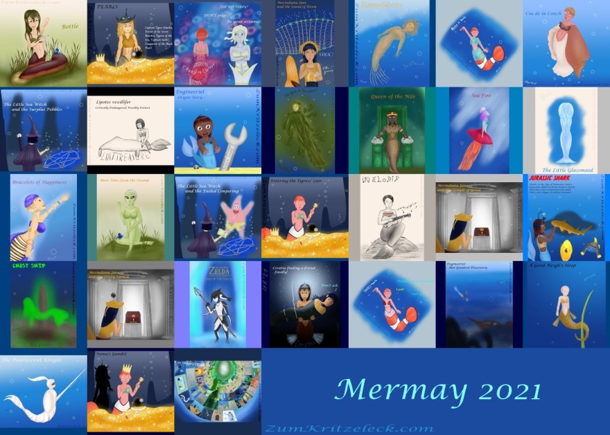 Digital painting, comic style: A collage of every Mermay entrie from the promptlist in 2021
