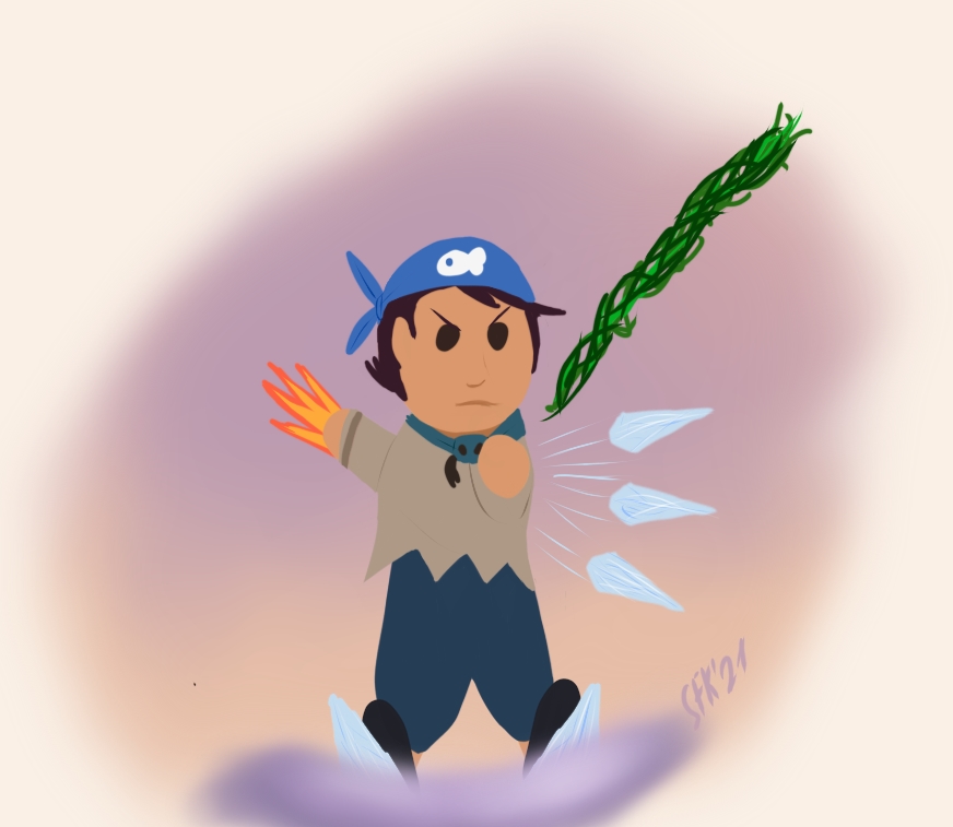 Digital painting, minimalized comic style: Luz Noceda, the main character of the show "The owl house", brown hair, dark eyes, wearing a grey top and dark turquoise sailor's trousers as well as a turqoise handkerchief. She is standing on two pieces of ice, surfing on the purple water, her right hand is pointing backwards, spreading fire to propell her forward, the left hand is pointing forward, throwing a plant's tendril as well as three sharp pieces of ice. The sky behind her is a light orange and purple and the background a light beige.