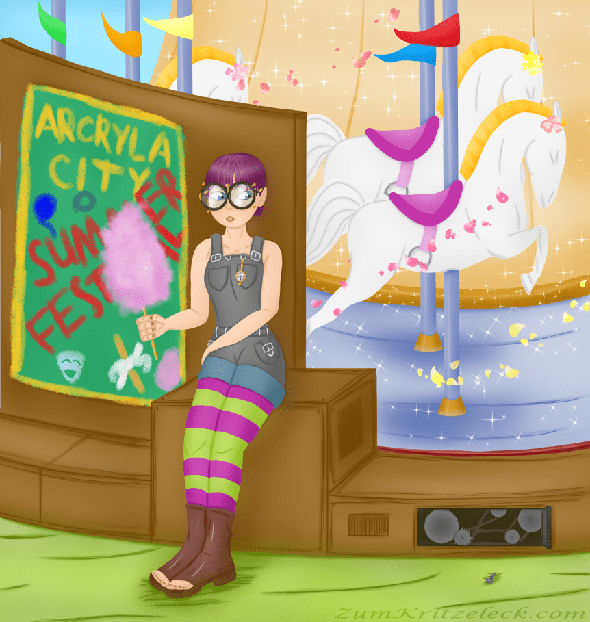 Digital Painting, comic style: Crissy Faith, A young woman who has got short purple hair and is wearing big round glasses. She is also wearing a grey short-legged overall, green and purple striped leggins and toe free boots. She is leaning with her back against the technical equipment encircling a carousel. In her right hand she is holding candy floss. There is also a small wall on which is attached a poster saying "Arcryla City Summer Festival" with drawings of balloons, rings, masks, candyfloss and carousel horses on it. In the inner part of the carousel you can see three horses or parts thereof, glitter, pennants, flowers and flying blossoms. Crissy's eyes are catching an open hatch in the encompassing machine covering with view on the cogweehls within and a screw lying outside in the grass