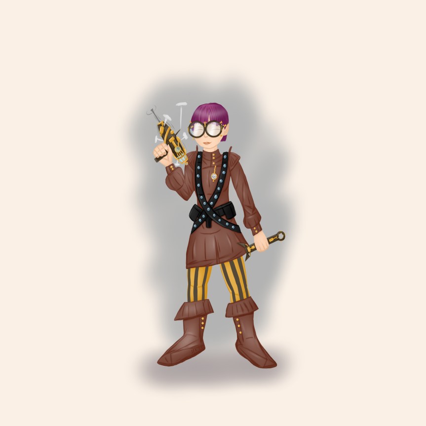 Digital painting, comic style on light "paper": A young woman who has got short purple hair and is wearing big round glasses. She is also wearing a leather coat, leather boots, yellow and black striped trousers and belts, in the right hand she is holding a driller like tool, in the left hand an adjustable screw wrench, the background is a diffuse grey cloud encompassing her silhouette