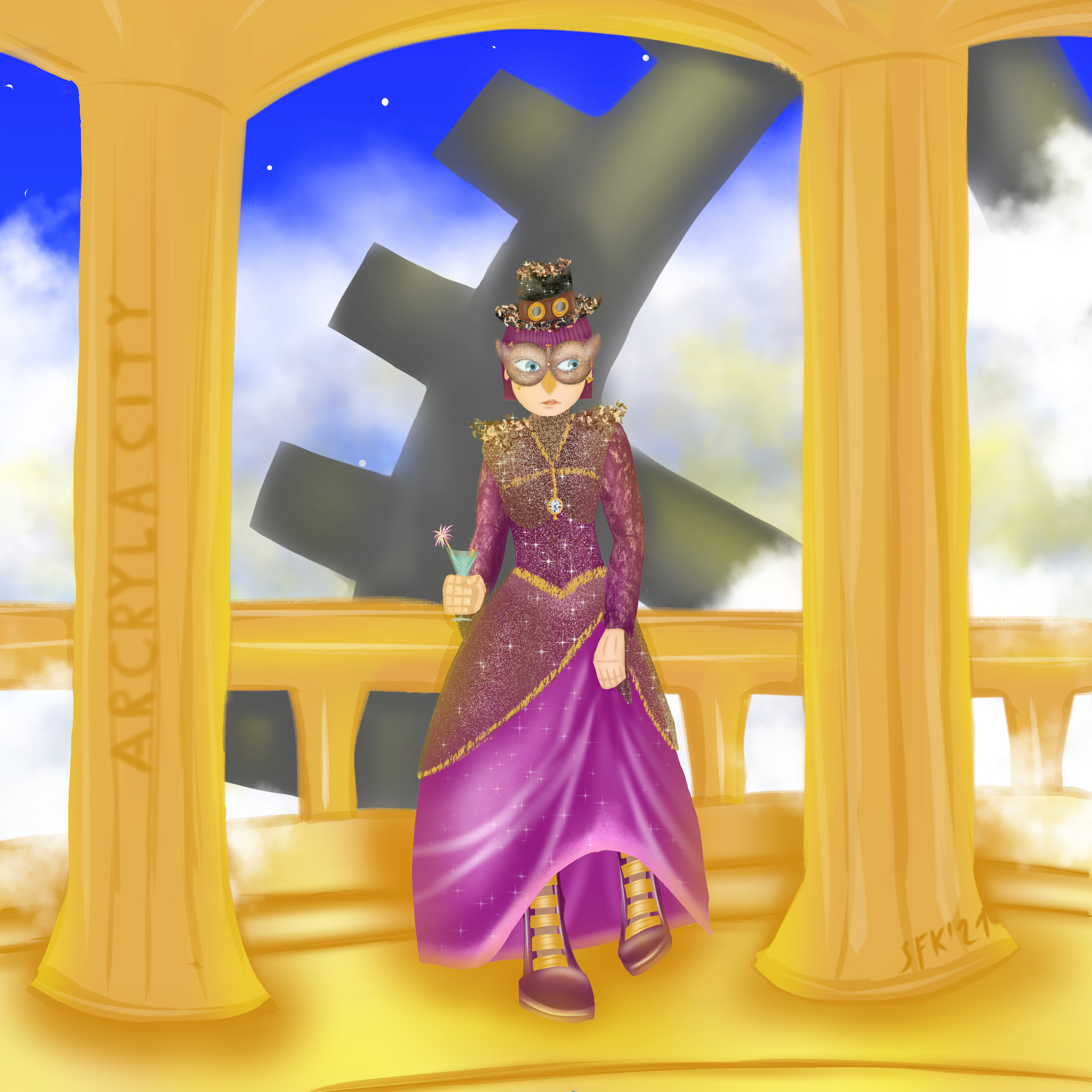 Digital painting, comic style: Crissy Faith, a young woman with purple hair, she is wearing a brown feathered owl like mask and a tophat with goggles and likewise feathers attached to it, her dress is of pink and purple colour, though she is wearing a jacket, too, with a purple texture, over her upper body and the hips she is wearing a semi-transparent glittery costume and as footwear dark purple boots with several golden buckles, a pocket watch is dangling from a necklace around her neck in breast height. Crissy is holding a cocktail in her right hand and looking unconfidently to her left, lifting her dress with the left hand to take a step from the balustrade of the balcony she is standing on. To her right and her left are two pillars (on the left one the letters forming "Arcryla City"), golden as the ground and the balustrade are as well, in the background a big cogwheel and steam in front of a night sky with clouds and stars