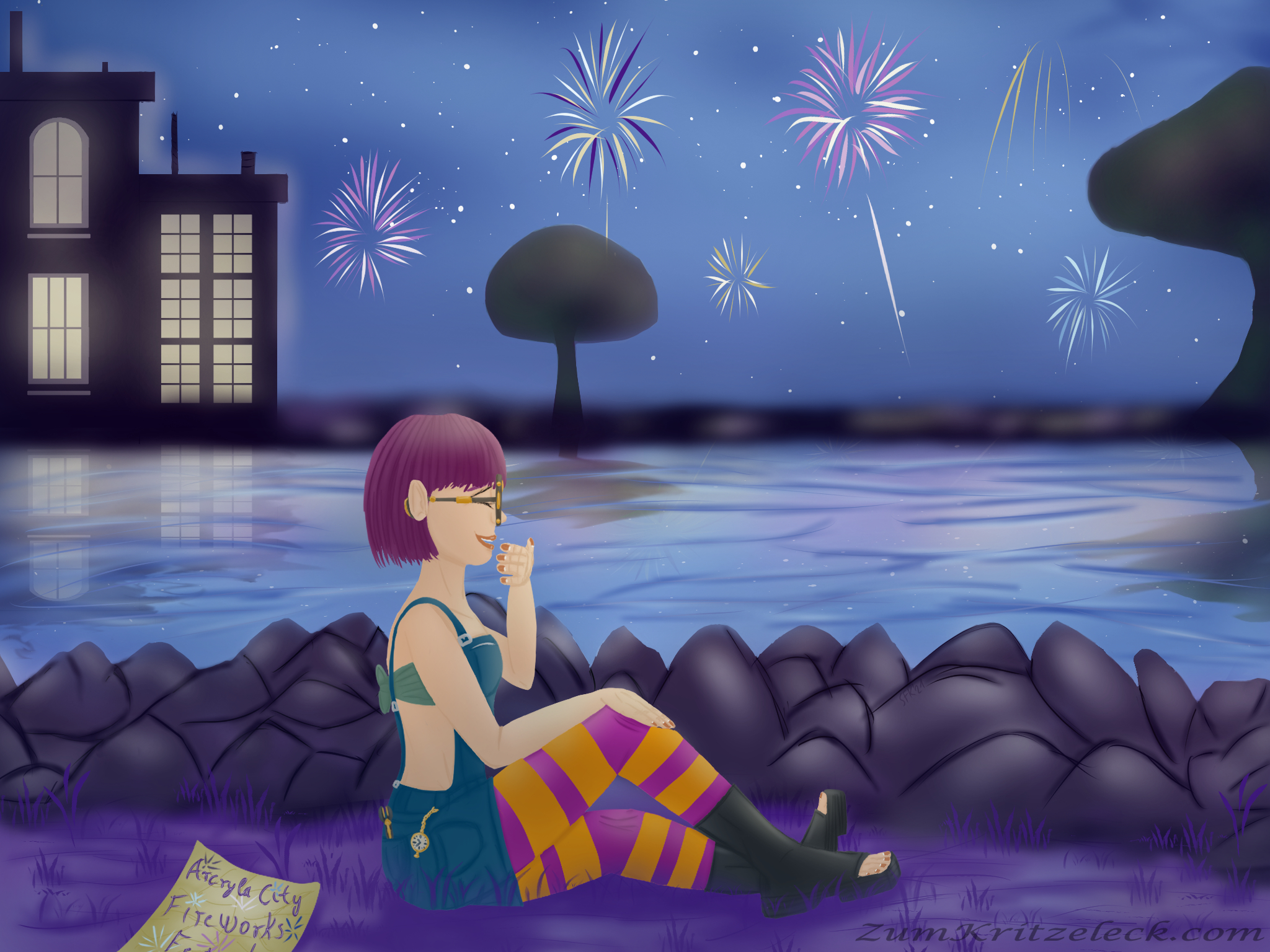 Digital Painting, comic style: Crissy Faith, a young woman with purple hair and big round glasses, seen from side view, sitting in the grass in front of a lake at nighttime, fireworks in the sky. She is wearing her casual clothes: A blue short legged overall, purple and orange striped leggings, toefree boots, a wrench in her back pocket, a pocket watch attached to her side. Between her and the lake are some rows of rocks, on the other side of the lake trees (in the middle and to the right) and some buildings (to the left), reflecting in the water. In the foreground to the left a piece of paper with the letters "Arcryla City Fireworks Fe...l" (the last word not completely readable).