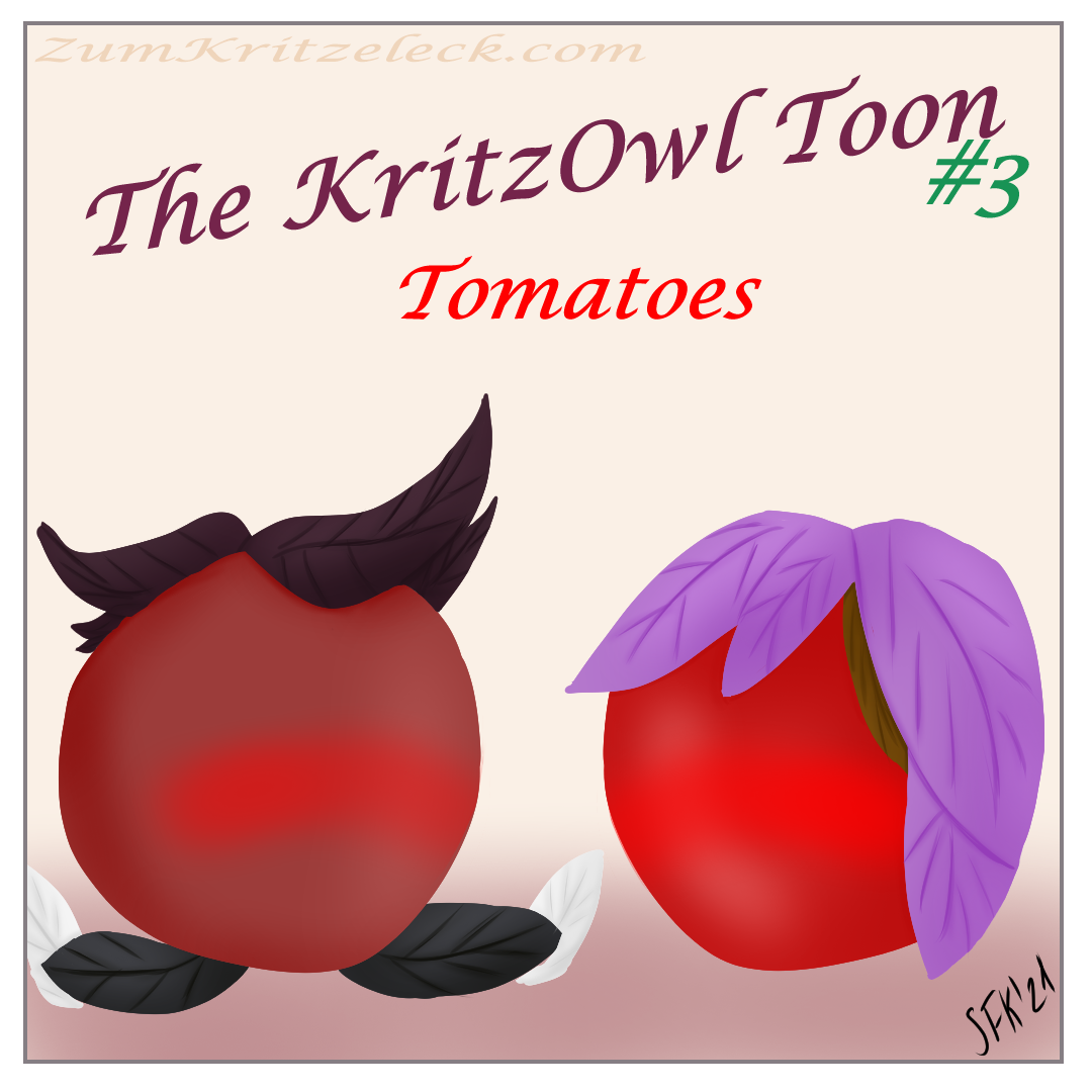 Digital Painting comic style, light background panel 2: "The KritzOwlToon # 3", "Tomatoes". Two blushing tomatoes, the leaves building the hair of both and two legs and the shoes of the one to the left. The left one has dark brown short hair, the right one light purples falling over the forehead and along the side of the tomato, there is also a hint of brown leaves, the dark green "leg" leaves of the left tomato are lying horizontal on the ground, whit leaves resembling shoes pointing to the sky