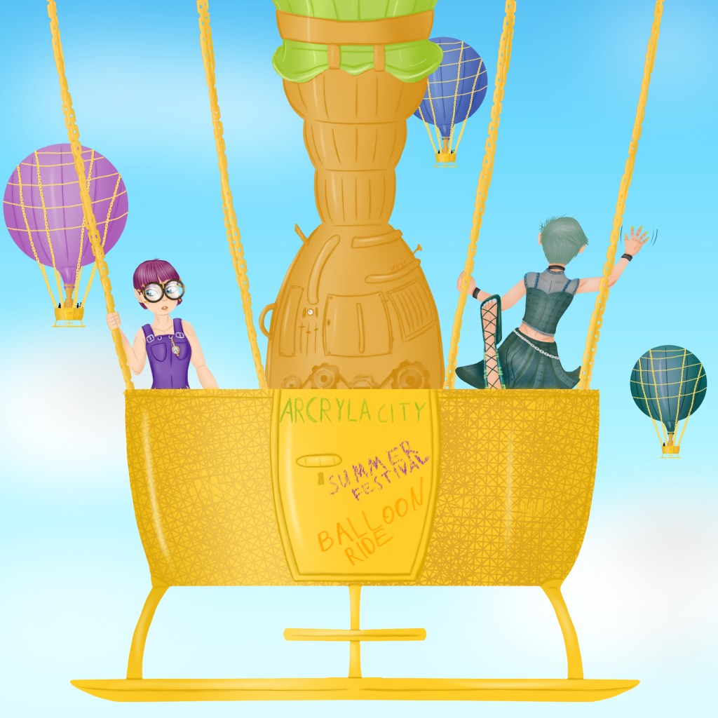 Digital painting comic style: Crissy Faith, a young woman with short, purple hair and big, round glasses, wearing an overall, sitting on the left corner of a the metallic cabin of a gas balloon, the right hand holds on the chains which are holding the balloon. She is peeking nervously over the edge of the cabin. In right corner there is another young woman seen from behind with short ruffled blue-green hair. She is wearing a green and turqoise coursage over a semitransparent shirt, both bellyfree, a skirt of the same style, a chain around her hips and black bracelets and wristband on wrists and neck. She is throwing the left leg in the air behind her (wearing green lace boots) and waving the right hand, holding with the left one onto one of the other chains. In the centre of the cabin is a big kettle, attached to the actually balloon (of green colour). In the background the sky and three other balloons, a purple, a blue and a turquoise one.