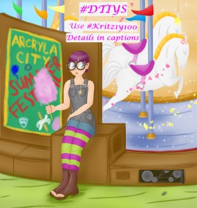 Digital Painting, comic style: Crissy Faith, A young woman who has got short purple hair and is wearing big round glasses. She is also wearing a grey short-legged overall, green and purple striped leggins and toe free boots. She is leaning with her back against the technical equipment encircling a carousel. In her right hand she is holding candy floss. There is also a small wall on which is attached a poster saying "Arcryla City Summer Festival" with drawings of balloons, rings, masks, candyfloss and carousel horses on it. In the inner part of the carousel you can see three horses or parts thereof, glitter, pennants, flowers and flying blossoms. Crissy's eyes are catching an open hatch in the encompassing machine covering with view on the cogweehls within and a screw lying outside in the grass; text in pink letters: #DTIYS; Use #Kritz1y100; Details in captions