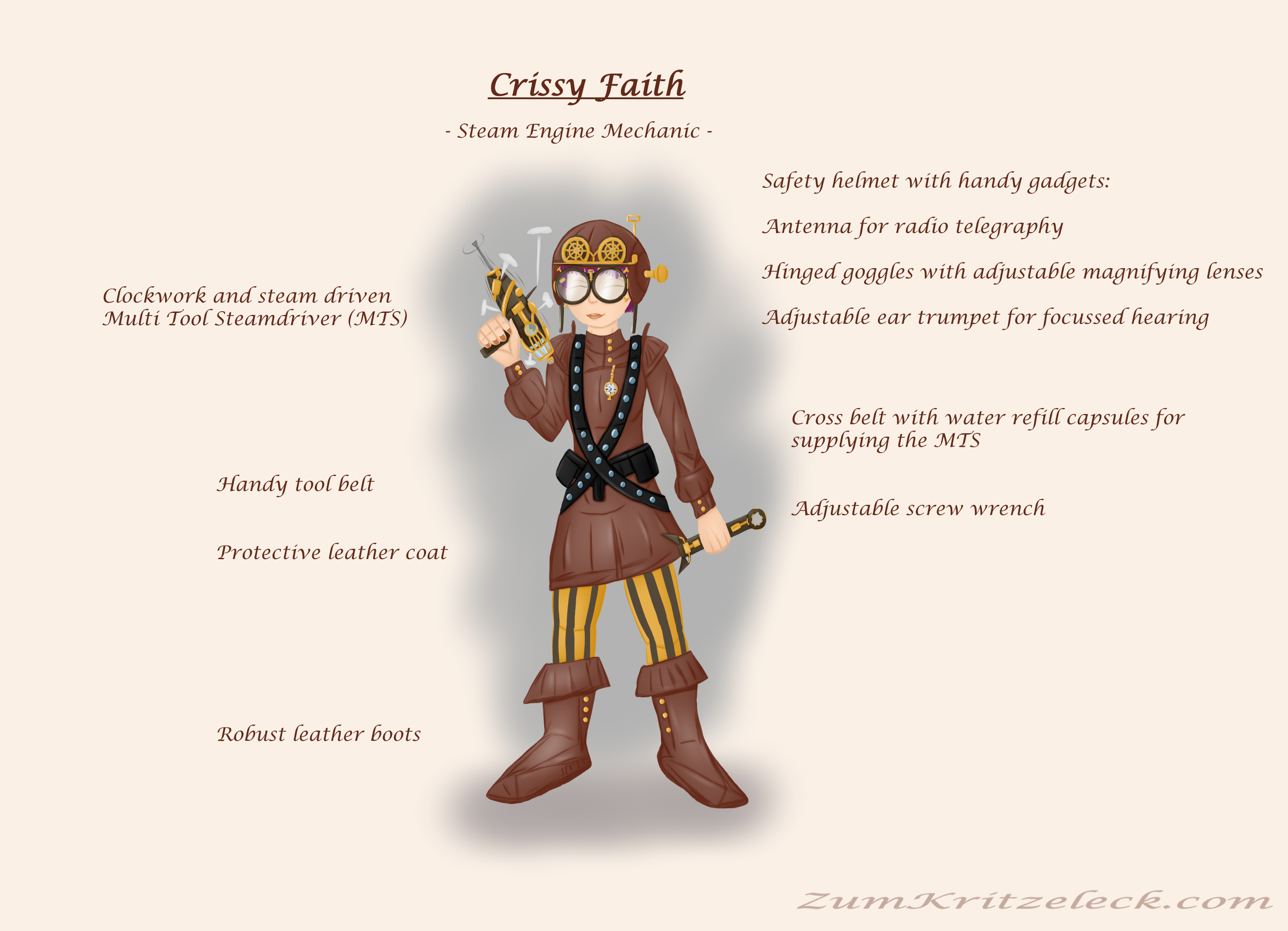 Character sheet of a young woman, digital painting, comic style on light "paper": She has got short purple hair and is wearing big round glasses. She is also wearing a leather coat, leather boots, yellow and black striped trousers, belts and a brown (leathery) safety helmet with gadgets, in the right hand she is holding a driller like tool, in the left hand an adjustable screw wrench, the background is a diffuse grey cloud encompassing her silhouette, on the ground letters are forming the word "Arcryla City". There are background information on the sheet: Cetre: Crissy Faith - Steam Engine Mechanic; to the right: Safety helmet with handy gadgets: Antenna, Hinged Googles, Ear trumpet; Cross belt with water refill capsules; adjustable screw wrench. One the left: Clockwork and steam driven Multi Tool; Toll belt; Leather coat; Leather boots