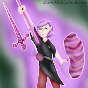 Digital painting, comic style: Amity Blight, character of the tv show The owl house, purple, hair, black dress, red trousers, seen from the front, a medallion with a descending moon's sickle, holding her staff in the air. She is wearing a round bottle at her belt. On her right side ist floating the form of a sword, purple striped and glowing, lilewise a form of a shield on her left side. Staff and Amity also are glowing. A darker shadow and sparkles hint the way from the bottle to the sword and the shield. The background is of tones from green and dark green