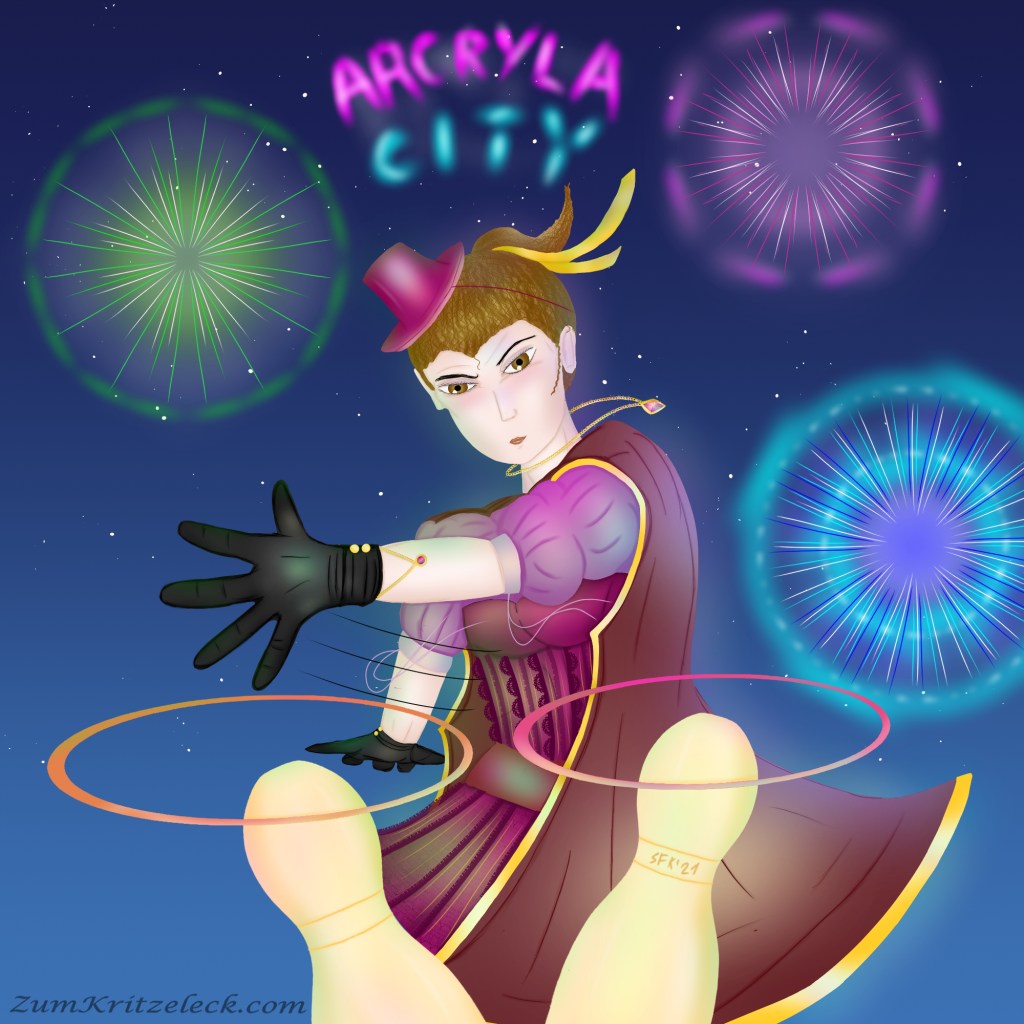 Digital painting, comic style, night sky with fireworks as background: A fancy, young woman seen upfront, turning her body as she tosses two rings at the same time over two kegs. She's light brown curly hair bound to a ponytail by a ribbon and wears a tiny deep mauvish crimson tophat, shirt, corset and skirt as well as black, short gloves and a brown coat. There are a neglace and a bracelet with rubin jewelry, too. Up on the sky in bright colours the words "Arcryla City".