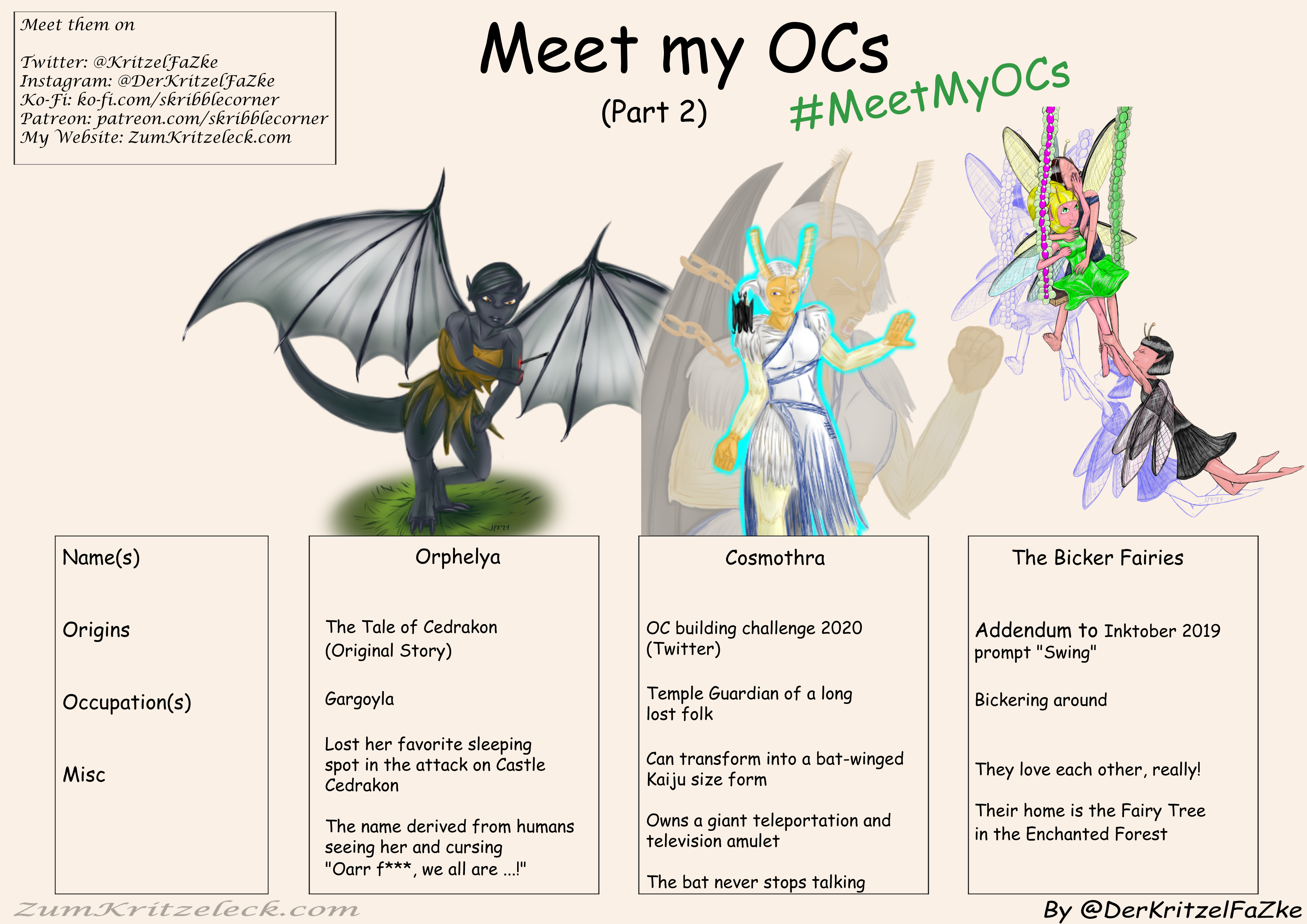 Digital painting, comic style: A sheet "Meet my OCs" (Part 2) with four boxes in the lower half, one text box "Name(s)", "Origins", "Occupation(s)", "Misc", four boxes with information regarding my OCs, in the upper left corner another box with my contact information, hashtag #MeetMyOcs; atop of the boxes three of my OCs: 1) Orphelya; The Tale of Cedrakon (Original Story); Gargoyla; Lost her favorite sleeping spot in the attack on Castle Cedrakon 2) The name derived from humans seeing her and cursing "Oarr f***, we all are ...!" 2) Cosmothra; OC building challenge 2020 (Twitter); Temple Guardian of a long lost folk; Can transform into a bat-winged Kaiju size form; Owns a giant teleportation and television amulet; The bat nevers stops talking 3) The Bicker Fairies; Addendum to Inktober 2019 prompt "Swing"; Bickering around; They love each other, really! Their home is the Fairy Tree in the Enchanted Forest