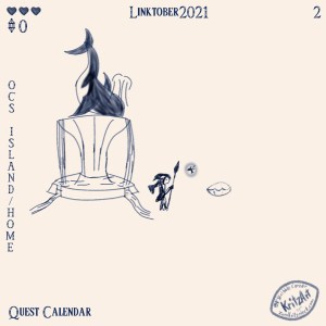 Day 2 - Digital Painting, blue monochrome ink style, all text in The Legend of Zelda - Breath of the Wild Font: Headline "Linktober 2021", In the upper left corner three filled hearts, below them a gemstone and the number 0; in the lower left corner the text "Quest Calendar", in the left edge the topic "OC's Island / Home"; the picture showing a single Zora (based on an orca) with a spear and a fairy based on a flying fish, illuminated by light beside a fountain with an orca as statue and a closed seashell