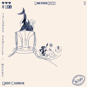 Day 3 - Digital Painting, blue monochrome ink style, all text in The Legend of Zelda - Breath of the Wild Font: Headline "Linktober 2021", In the upper left corner three filled hearts, below them a gemstone and a number changing from 0 to 100 in a way digital ciphers will do it; in the lower left corner the text "Quest Calendar", in the left edge the topic "Islands Vehicle / Mount"; the picture showing a single Zora (based on an orca) with a spear and a fairy based on a flying fish, illuminated by light beside a fountain with an orca as statue and an opened seashell with a gemstone in it as well as a fish with feetlike fins