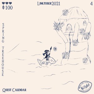 Day 4 - Digital Painting, blue monochrome ink style, all text in The Legend of Zelda - Breath of the Wild Font: Headline "Linktober 2021", In the upper left corner three filled hearts, below them a gemstone and the number 100; in the lower left corner the text "Quest Calendar", in the left edge the topic "Spring Treehouse"; the picture showing a single Zora (based on an orca) with a spear and a fairy based on a flying fish, illumintad by light riding on a fish with feetlike fins on the water beside a sea anemone growing above the surface with blossoms and a treehouse