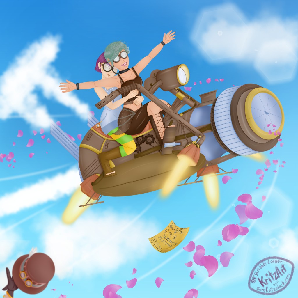 Digital Painting, comic style: My OC Crissy Faith (young woman, short, purpley hair, big round glasses, blue overall, green and yellow striped leggings, a pocket watch dangling from one pocket, toe-free boots) sitting on a flying steam and jet propulsed bike behind a young woman (short, light green hair, safety glasses, black neckband, black wristbands, brown belly free leather top, brown tigh leather trousers, brown toe free laced boots) who is laughing and stretching the arms to the sides. In the left bottom corner is a gloved hand which tries to grab a tophat, in the foreground petals which are blown up by the slipstream, a sheet of paper likewise flying in the wind, text: "Arcryla City Summer Festival"