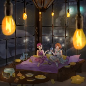 Digital Painting, Comic style: Two young woman, Crissy Faith (short purple hair, big round glasses) and Potato Delta (long brownish red hair) in Crissy's flat in pajamas on a couch which has been transformed into a bed, sitting on rose, and brown blankets and cushions, Potato holding a glass, Crissy looking sideways down, pressing her stuffed water bear towards her belly, blushing, bowles and bottles around them, pizza boxes on the floor, a table with more bowles, an aquarium, a slate, a notebook, light bubls hanging from the ceiling; huge, wide windows in the background, the scenery showing zeppelins, clouds and a huge building with a blue glowing clock tower in front of a night sky