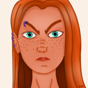 Digital Painting, comic style: An angry looking youn woman with long, red-brown hair, covering her left ear, she has purple piercings in the rim of the right ear and one purple piercing in the brow, brows and nose are wrinkled, she has got vivid green eyes