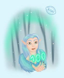 Digital painting, comic style: Bust shot of a young woman with white hair long hair and brown eyes, she is wearing a coat with a fur rim, under every eye there are tattoos of three blue triangles, you also can see on open hand, over this hand the number 100 in light green is floating in the air, in the background a winterly scheme of snow and trees, northern lights above her