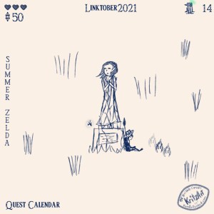 Day 14 - Digital Painting, blue monochrome ink style, all text in The Legend of Zelda - Breath of the Wild Font: Headline "Linktober 2021", In the upper left corner three filled hearts, below them a gemstone and the number 50; in the upper right corner a symbol showing a penguin with a tiny part of a green circle around it showing up, in the lower left corner the text "Quest Calendar", in the left edge the topic "Summer Zelda"; the picture showing a single Zora (based on an orca) holding a spear and a fairy based on a flying fish; Navarra is wearing a hat with a wide rim and flower decoration, they are on a meadow, Navarra sitting leaning against the statue of a youn, praying woman, flamelet is beside her but afterimages indicating its movements on a narrow spot