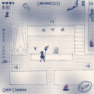 Day 19 - Digital Painting, blue monochrome ink style, all text in The Legend of Zelda - Breath of the Wild Font: Headline "Linktober 2021", In the upper left corner 3.5 filled hearts, below them a gemstone and the number 81; in the upper right corner a symbol showing a penguin with a part of a green circle around it showing up, left of it a symbol of a young woman, a part of a blue circle around her showing up, in the lower left corner the text "Quest Calendar", in the left edge the topic "Mask Shop"; the picture showing Navarra, a single Zora (based on an orca) holding a spear with fire on the top and a fairy based on a flying fish seen from above in the inside of a haunted house with several walls and corridors; monsters are around and charred spots on the ground; in the upper right the ghost of another Zora, Mipha, in another corridors, heading upwards; they are standing in a room with a counter, the ghost of a shopkeeper behind it, on the wall three masks: Of a penguin (Pengrito), of a young man and of a young woman (Penta), above them an inspription not legible.