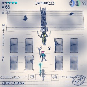 Day 22 - Digital Painting, blue monochrome ink style, all text in The Legend of Zelda - Breath of the Wild Font: Headline "Linktober 2021", In the upper left corner 1.5 filled hearts and 3.5 hearts which are partly filled with light blue, below them a gemstone and the number 66 and below this the faded symbol of a bomb and the number 20; in the upper right corner a symbol showing a penguin with a part of a green circle around it showing up, left of it a symbol of a young woman, a part of a blue circle around her showing up, in the lower left corner the text "Quest Calendar", in the left edge the topic "Mutated Link"; the picture showing Navarra, a single Zora (based on an orca) holding a spear with fire on the top and a mask as well as a fairy based on a flying fish seen from above in the inside of a haunted house; they are in a graveyard with 8 graves which are facing a stage with holes in it; there is an angelic statue and in front of the statue Gworria, member of the desert woman Gerudo tribe, holding two swords; she is a zombie but filled by a yellow light; there are ghostly forms of clothes, boots, a sword and a shield around of Navarra, filled by a blue light, the eyes gleaming red; she is facing the ghost of another Zora, Mipha, who is lifting the spear which is covered by blue light