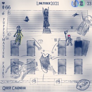 Day 23c - Digital Painting, blue monochrome ink style, all text in The Legend of Zelda - Breath of the Wild Font: Headline "Linktober 2021", In the upper left corner 1 filled hearts, below them a gemstone and the number 66 and below this the faded symbol of a bomb and the number 8; in the upper right corner a symbol showing a penguin with a part of a green circle around it showing up, left of it a symbol of a young woman, a part of a blue circle around her showing up, in the lower left corner the text "Quest Calendar", in the left edge the topic "Puppetmaster Fairy"; the picture showing Navarra, a single Zora (based on an orca) holding a spear with fire on the top and a mask as well as a fairy based on a flying fish seen from above in the inside of a haunted house; they are in a graveyard with 8 graves which are facing a stage with holes in it which show two pupils; there is an angelic statue and Gworria, member of the desert woman Gerudo tribe, closing the lid of one grave again; she is a zombie but filled by a yellow light; there are ghostly forms of clothes, boots, a sword and a shield around of Navarra, the eyes gleaming red; two sock puppets (of a young woman and of a penguin) are lying on the ground, the hands cutted from the arm's stumps; in the centre of the graveyard a giant mouth which is inhaling; there are two bombs coming from Navarra flying to this mouth