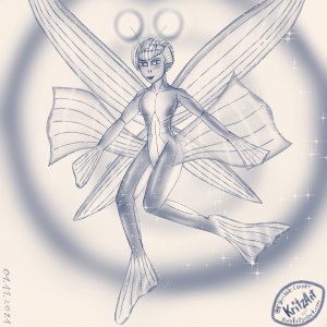 Digital painting, comic style, monochrome blue on light ground: The fairy Cheio, she ist antropomorphic with fishlike features, the hair are large scales and a head fin which is laid like a side cut, she has to anglerfish rods and light bulbs as antennae, hands and feet are fins, the wings are the fins of a flying fish, she also has hip fins; she is underlaid by a bright light and covered in sparks