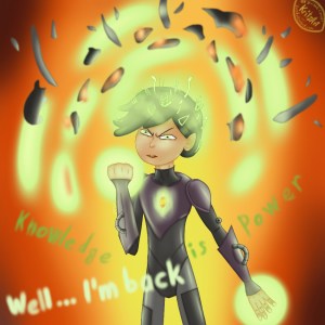 Digital painting, comic style: Marcy Wu, a supporting character of the TV show Amphibia in a black and purple armor, she is a girl of 13 with black, short hair, green gleaming moss is growing on it, the hair and both hands are covered by a light green glow, the right hand is a fest, her brows are wrinkled, the hair is floating in the air, green lights are surrounding her had, pushing shards of a not recignisable object away, ten washy firelike eyes are adjusted to these shards, a 11th on is on her chest, bothered by another green light and a gem like contour, light green text "Knowledge is power" and light text "Well ... I'm back".