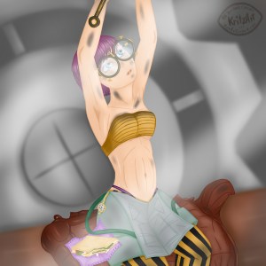 Digital Painting, comic style: A painting of a photo of my OC Crissy Faith seen in 3/4 front view, a young woman with short purple hair an big round glasses sitting and repairing something above her head, she is sitting on her mechanic's coat, a pocket watch dangling from her hip, to her side a handkerchief with a cheese, lettuce, egg and mayonnaise sandwich which she already had started to eat; the upper body is free except for the top which only covers chest, breasts and the back below her shoulders, hear skin is glaring due to the sweat covering hair, face and body, there are dirt and oil spots on these as well, so are on her coat, in the background a big grey cogwheel.