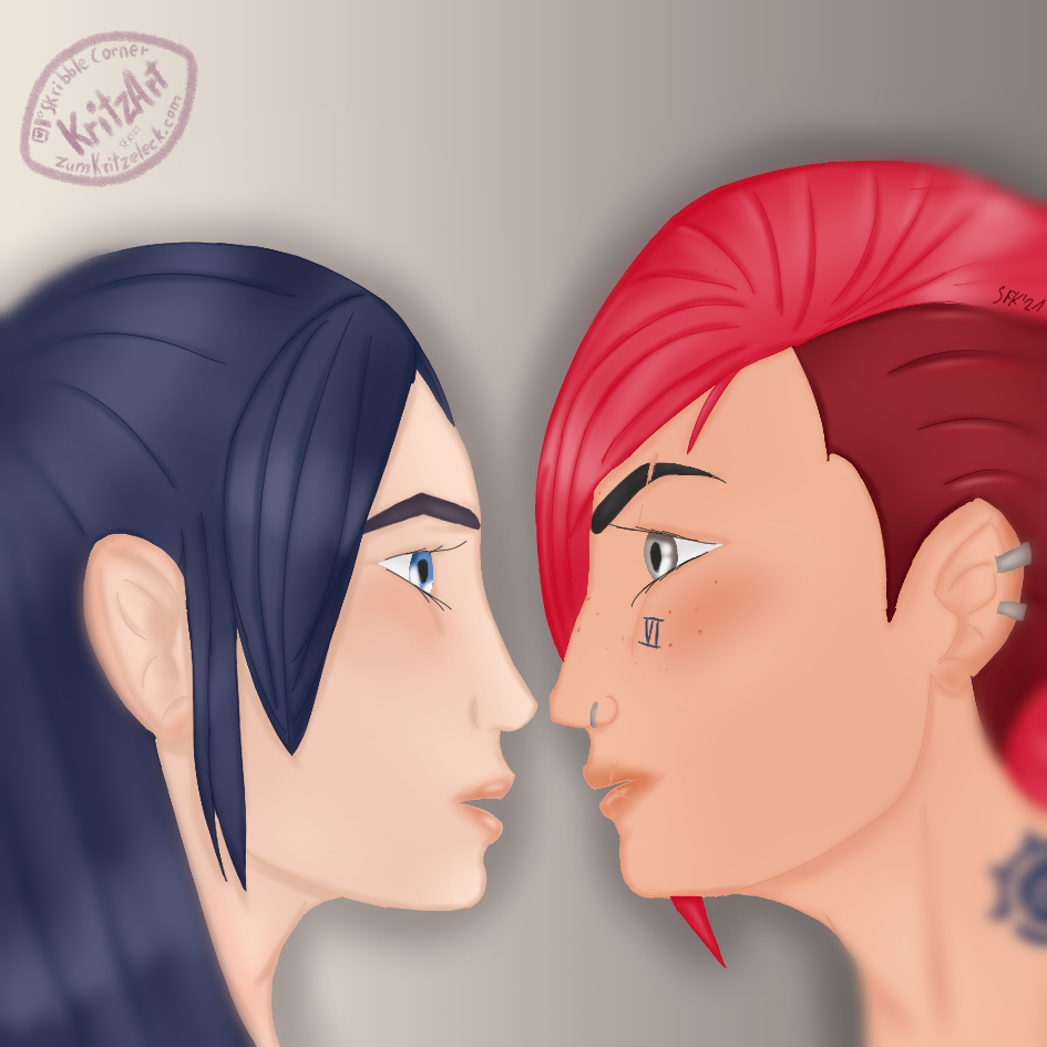 Digital painting, comic style: Vi (right) and Caitlyn (left), charactes of the TV show "Arcane" in side view, showing the heads and necks; both are youn women; Caitlyn has long, dark blue hair, she is from asian read phenotype and has a rather light skin colour, Vi has a sidecut, the hair falling to her right face side, she has one tattoo on her neck in form of a cogwheel and one on her cheeck saying "VI", she has two ear piercings and one nose piercing, there is a scar on her eyebrow and two on her lips, she has slightly visible freckles; they are exchanging glances, the lips and the noses are close together, the edges of the painting are diffused.