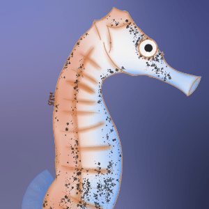 Digital Painting, comic style: A sea horse with big eyes seen from the side in front of a blurry purple and blue background