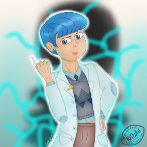 Digital painting, comic style: The character Terri from the show Amphibia, a young woman with short blue hair and freckles, wearing a shirt under a sleeveless sweater and a lab coat, there is a badge in the form of a slice of pizza with the Pi symbol on it; her left hand is in her hip, the right hand is rised to head level and is holding a lab ID card.