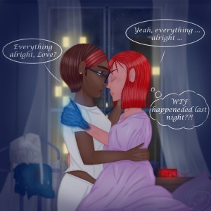 Digital painting, comic style: Liz (left) and Jacky (right), two young woman in side view, Liz hugging Jacky, watching her worried, Jacky's eyes are closed; Liz has dark brown skin and short brown hair, the forehead part of the hair is dyed dark red, she wears a white shirt, white trousers, blue round glasses; Jacky is from white colour with red shoulder long hair; she's kneeling on the bed, wrapped into a mauve blanket; in the background a valet stand with torn and dirty white tanktop and blue jeans shorts, next to Jacky a pink cushion and a night table with a digital alarm clock ("1:04 am") and destroyed rectangular glasses on it; there is also a slightly opened glass door (cracks in the glass, the curtain blowing) and the balcony (claw marks on it) with a view onto skyscrapers, the lights of the city and a night sky; Jacky's left hand rests on Liz' right shoulder, it is glowing blue, weebing is visible between the finger, the thumb has a clawlike nail, speechalloons (Liz: "Everything alright, Love?", Jacky: "Yeah, everything ... alright", thinking: "WTF happened last night??!")