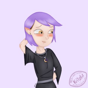 Digital painting, comic style: Amity Blight of the show "The Owl House" in 3/4 front viewe; a teenager with grape purpled shoulder long hair, she ist wearing a black dress with sleeves and an eclipse amulette around her neck, the ears are pointed; she is blushing, one hand is hidden on the back of her head, the other hidden behind her back.