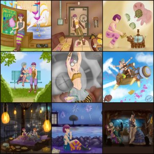 Collage (3x3) of paintings featuring my OC Crissy Faith, a young female steam engine mechanic with short purple hair, all paintings digital paintings, comic style: 1) Crissy with cotton candy resting in front of a carousel 2) Crissy coming home, heading towards her couch 3) Crissy in night dress (bellyfree top, long pants) feeding a water bear like robot with an aquarium in the centre, throwing an image of an eating water bear onto the wall 4) Crissy with her crush Paula (young woman, short light green hair) sitting on a park bench 5) Crissy sitting sweating in front of a big cogwheel, reparing something above her head 6) Crissy fearfully holding tight to paula on a flying jet bike 6) Sleepover, Crissy and her friend Potato (young woman, orange hair) in Crissy's appartment at night 7) Crissy sitting amused on the shores of a sea at night, fireworks in the sky 8) Crissy/Paula and Potato/Conway (her boyfriend) on the dancefloor of a Zeppelin ride