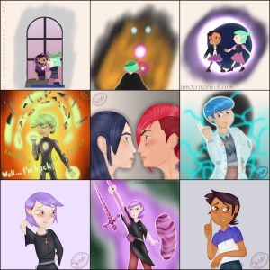 A collage made of 9 paintings of my fanart 2021 (square, 3 x 3), all paintings digital paintings, comic style, left-right, top-bottom: 1) "Abomination" - Luz Noceda (The Owl House) disguised as abomination, shaken by Amity Blight 2) "Stay away" - Amity Blight (The Owl House) from behind, facing a dread in the dark 3) "Grom Dance" - Luz and Amity dancing holding hands in her Grom dance dresses in front of a bright crescent moon 4) "Knowledge" - Marcy Wu (Amphibia) returning from her current state of being possessed by smashing the helmet through her calamity powers of wit 5) "Oil and Water" - Caitlyn and Vi (Arcane) looking blushing in each others eyes 6) "Terri" (Amphibia), scientist in front of a energetic powering device, showing her ID card 7) "Amity Grapes" - An embarrassed, blushing Amity Blight (The Owl House) 8) "Amity Knight" (The Owl House) - Amity in heroine's pose, as sword and a shield both made of abomination goo at her sides 9) "Err ..." - Luz Noceda (The Owl House) embarrassed, holding one finger up into the air