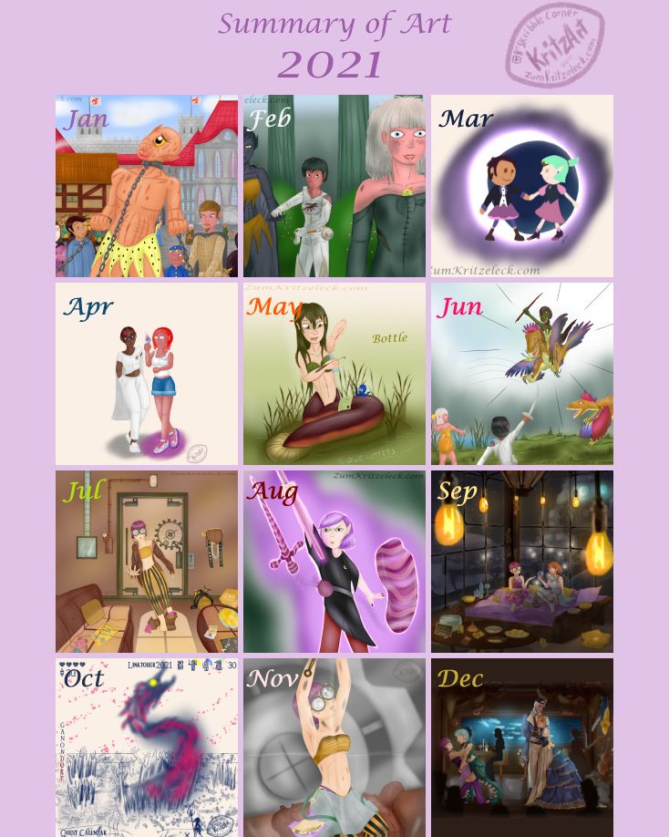 Digital Painting, comic style: A collage of 12 paintings (3 x 4), for every month in 2021 one painting (titles in the text); 1. A cyclop in chains, 2. An astonished princess, a berry eating female gargoyle and a sceptical guardswoman, 3. Luz Noceda and Amity Blight dancing in front of a full moon, 4. A doctor and a scientist, 5. Electric eel mermay filling a bottle with a letter, 6. A princess and a guardswoman attacked by velociraptorlike feathered reptiles 7. Criss Faith coming homing, heading for her couch, 8. Amithy Blight fighting with a sword and a shield made of abomination goo; 9. Crissy Faith and Potato having a sleepover at Crissy's place, 10. Calamity Ganon rising, watched by my Zora OC Navarra; 11. Crissy Faith with sweating upper body reparing something above her head 12. Potato and Crissy dancing with their boyfriend / crush