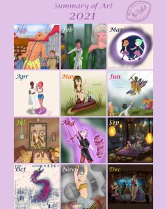 Digital Painting, comic style: A collage of 12 paintings (3 x 4), for every month in 2021 one painting (titles in the text); 1. A cyclop in chains, 2. An astonished princess, a berry eating female gargoyle and a sceptical guardswoman, 3. Luz Noceda and Amity Blight dancing in front of a full moon, 4. A doctor and a scientist, 5. Electric eel mermay filling a bottle with a letter, 6. A princess and a guardswoman attacked by velociraptorlike feathered reptiles 7. Criss Faith coming homing, heading for her couch, 8. Amithy Blight fighting with a sword and a shield made of abomination goo; 9. Crissy Faith and Potato having a sleepover at Crissy's place, 10. Calamity Ganon rising, watched by my Zora OC Navarra; 11. Crissy Faith with sweating upper body reparing something above her head 12. Potato and Crissy dancing with their boyfriend / crush