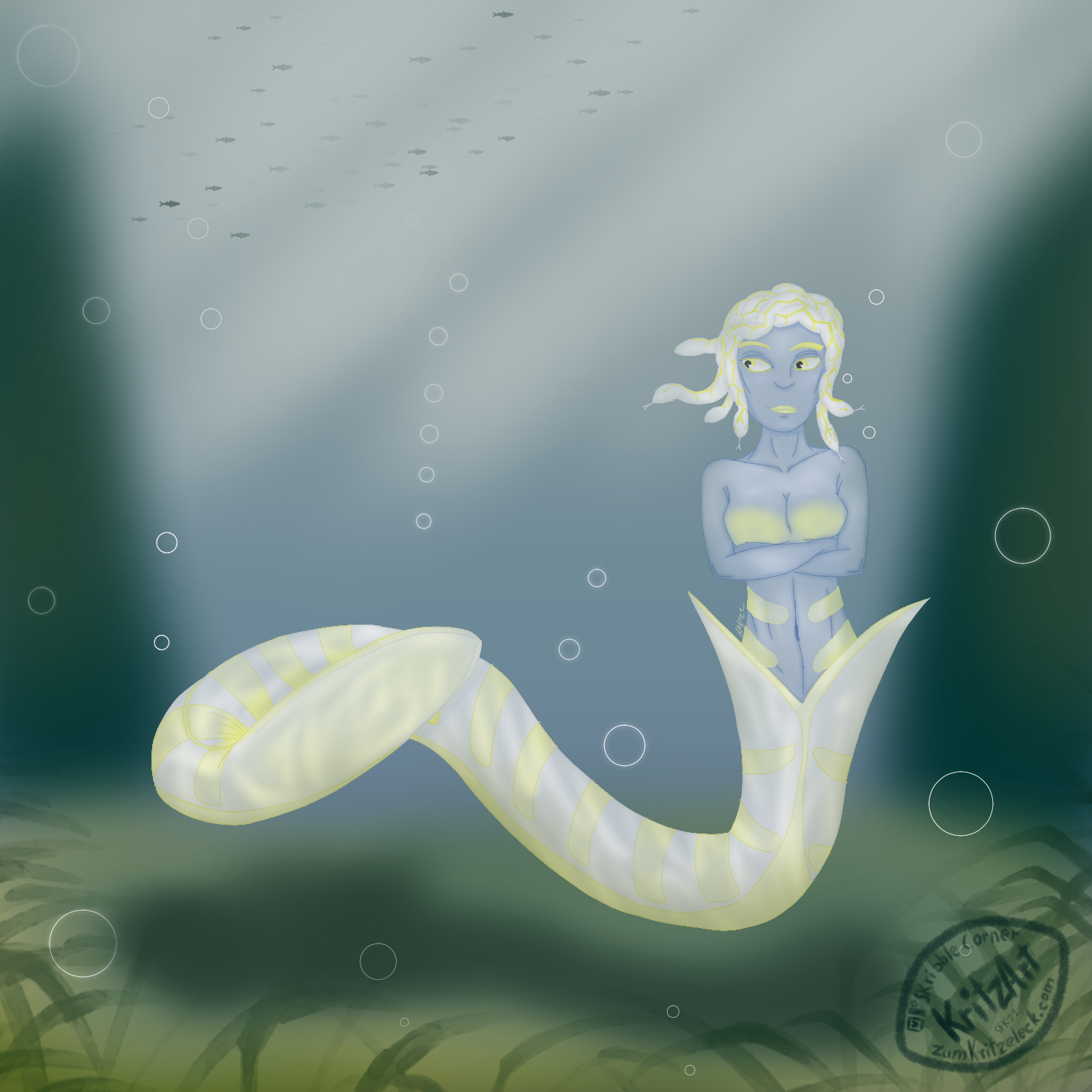 Digital Painting, Comic style: Below sea level, sea's bottom, rather dark water, "Merdusa" in front view, a mermaid whose lower body part is the body of a white sea snake with yellow stripes, the end of the tail is flattened. She's got snakes instead of hair. The arms ar crossed, she is looking out of the corner of the eyes to her right, in the foreground are some water plants, in the background some blurry rocks, a school of fish can be seen in the upper left corner, water and light are creating a pattern on Merdusa's skin and hair.
