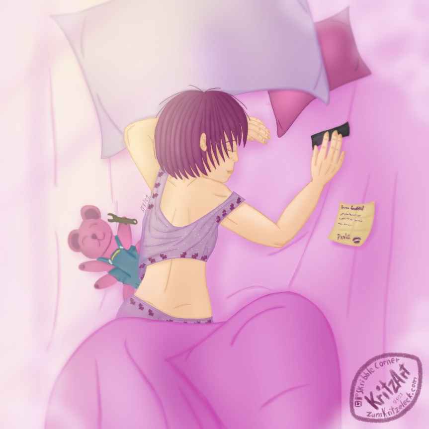 Digital painting, comic style: View from above; Crissy (young woman, short purple hair) is lying in her bed on her belly, eyes closed, ruffled hair, ruffled bellyfree pajama, the right hand is holding a hald band (choker), the head is resting on her left arm; to her left a plush water bear clothed like a mechanic, to her right a small letter with indistinct handwriting, the signature "Paula" and a purple lipstick print; there are two pillows (a small one under a big one), the blanket covers only a part of Crissy's butt, it's right side is pulled back; the left side of the painting is covered by faint but warm yellow light, hinting to a pattern of a window's frame.