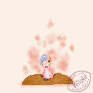 Digital painting, comic style, light beige background: A small, thin light pink frog with several darker pink spots, staring unbelievingly towards the viewer, golden brown frog eyes, a semi-transparent light blue amphibian crest on the head, covering parts of the right eye; an amulet which doesn't fit around the neck anymore and light pink clouds around the frog; the frog is sitting inside an empty collapsed simple golden brown dress.