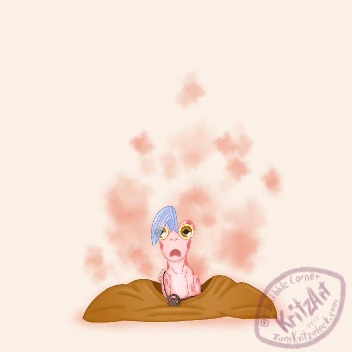 Digital painting, comic style, light beige background: A small, thin light pink frog with several darker pink spots, staring unbelievingly towards the viewer, golden brown frog eyes, a semi-transparent light blue amphibian crest on the head, covering parts of the right eye; an amulet which doesn't fit around the neck anymore and light pink clouds around the frog; the frog is sitting inside an empty collapsed simple golden brown dress.