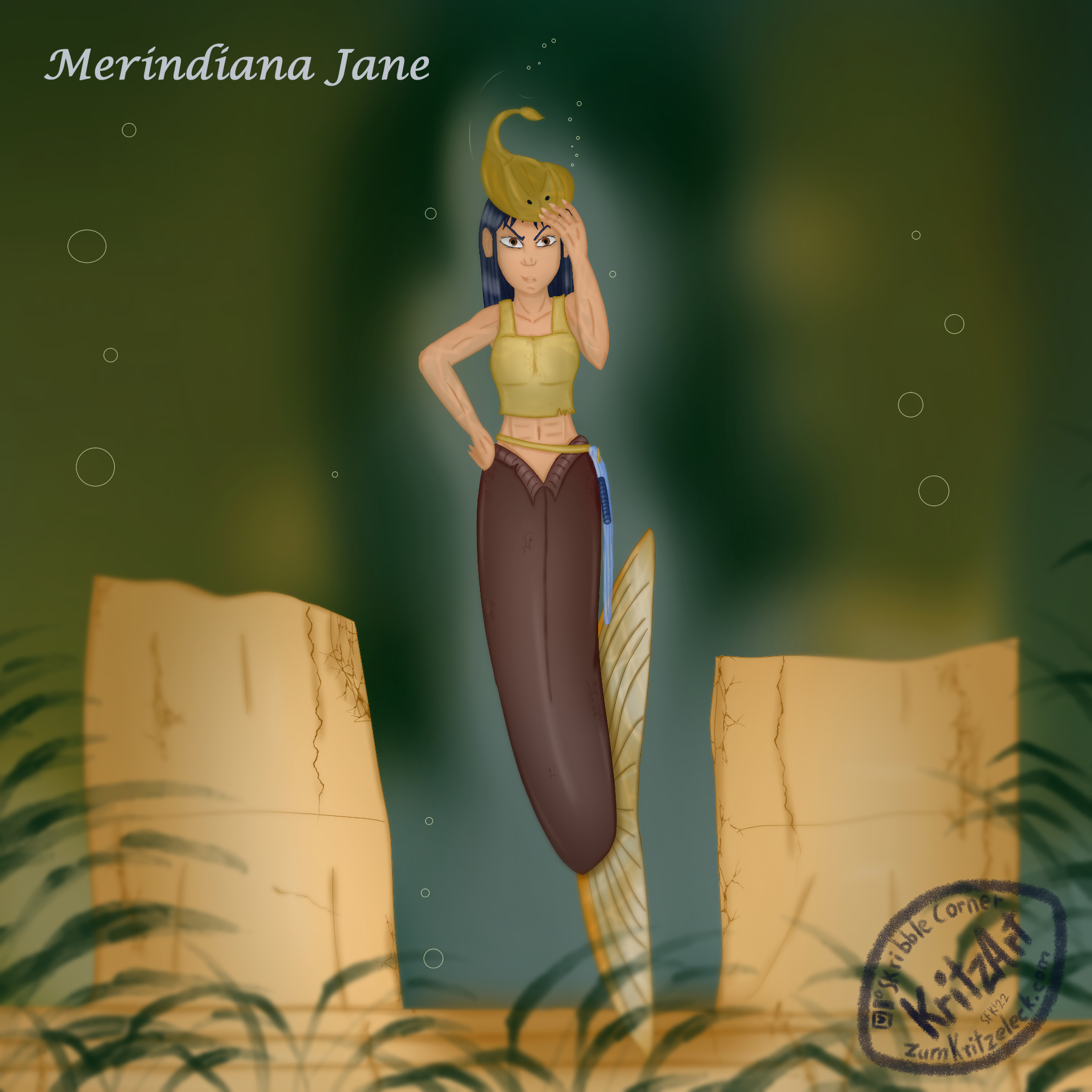 Digital painting, comic style: Merindiana Jane, a mermaid resembling Indiana Jones, light brown skin, black long hair, brown fish tail with a golden tail fin, bellyfree tanktop, a belt across her hips with a light blue whip at her left hip, she is looking determinded putting a ray as hat in her head; standing between some ruin pillars, green background.