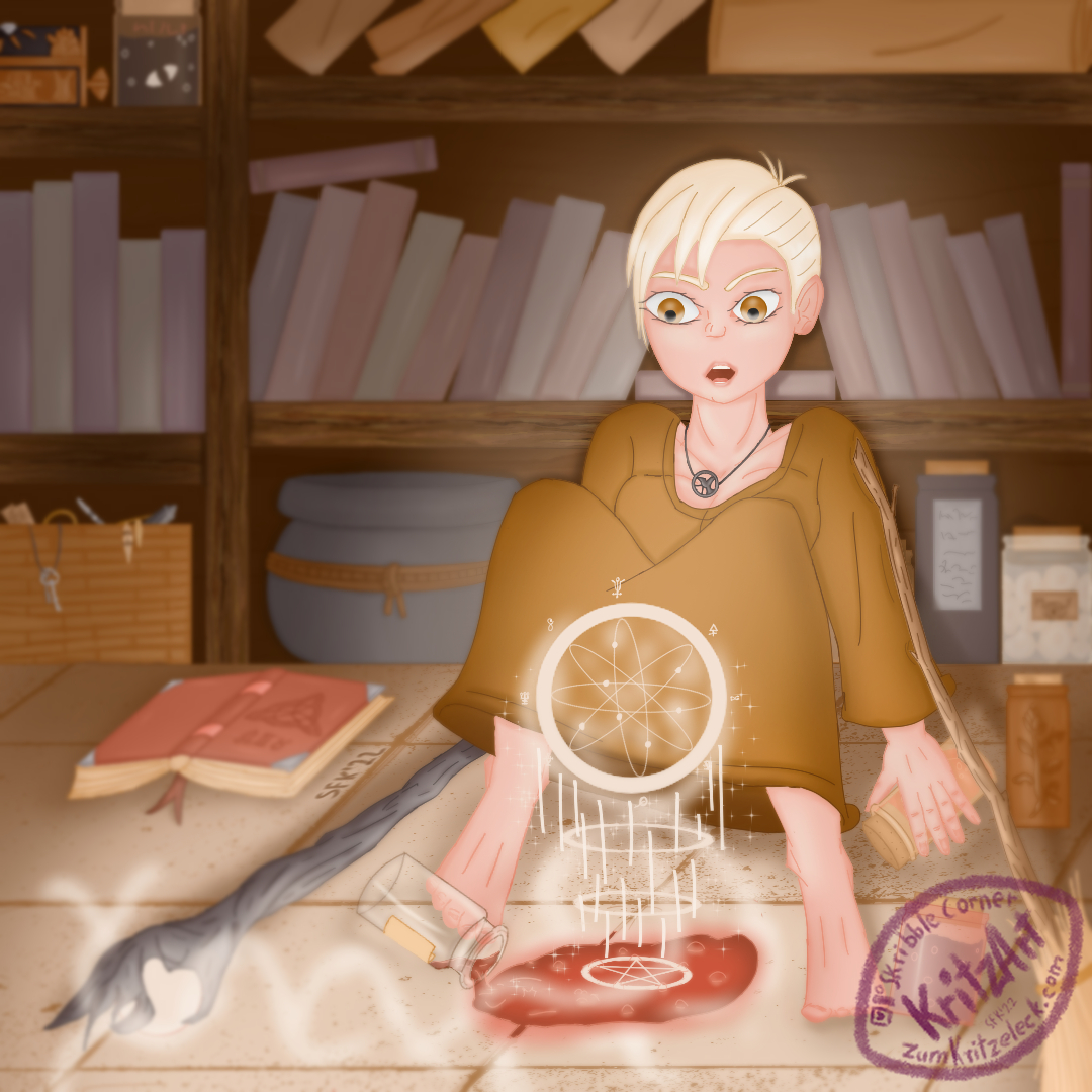 Digital painting, comic style: Raven, a young woman with short white hair in sidecut, barefooted, wearing a simple golden brown dress and a necklace with a raven charme, sitting on the floor (terracotta tiles); in front of her a tipped open jar, pouring a red puddle between her feet, next to it a tipped wooden magical staff, throwing light towards the puddle, creating several circles with magic symbols in the air; more jars and a broom are standing or lying on the floor as well as an open book (pages down); she is in front of a storage rack (left to right, top to bottom: 1st row a small chest with a frog ornament; a jar with something black and one single eye, several tilted scrolls; 2nd row books; 3rd row a wicker box with several magical accessoirs, tarot cards, keys, feathers; a kettle, several jars), the area between Raven's legs and her face is well lit, the background is dark but the details are visible; my Instagram nick in the background of the painting.
