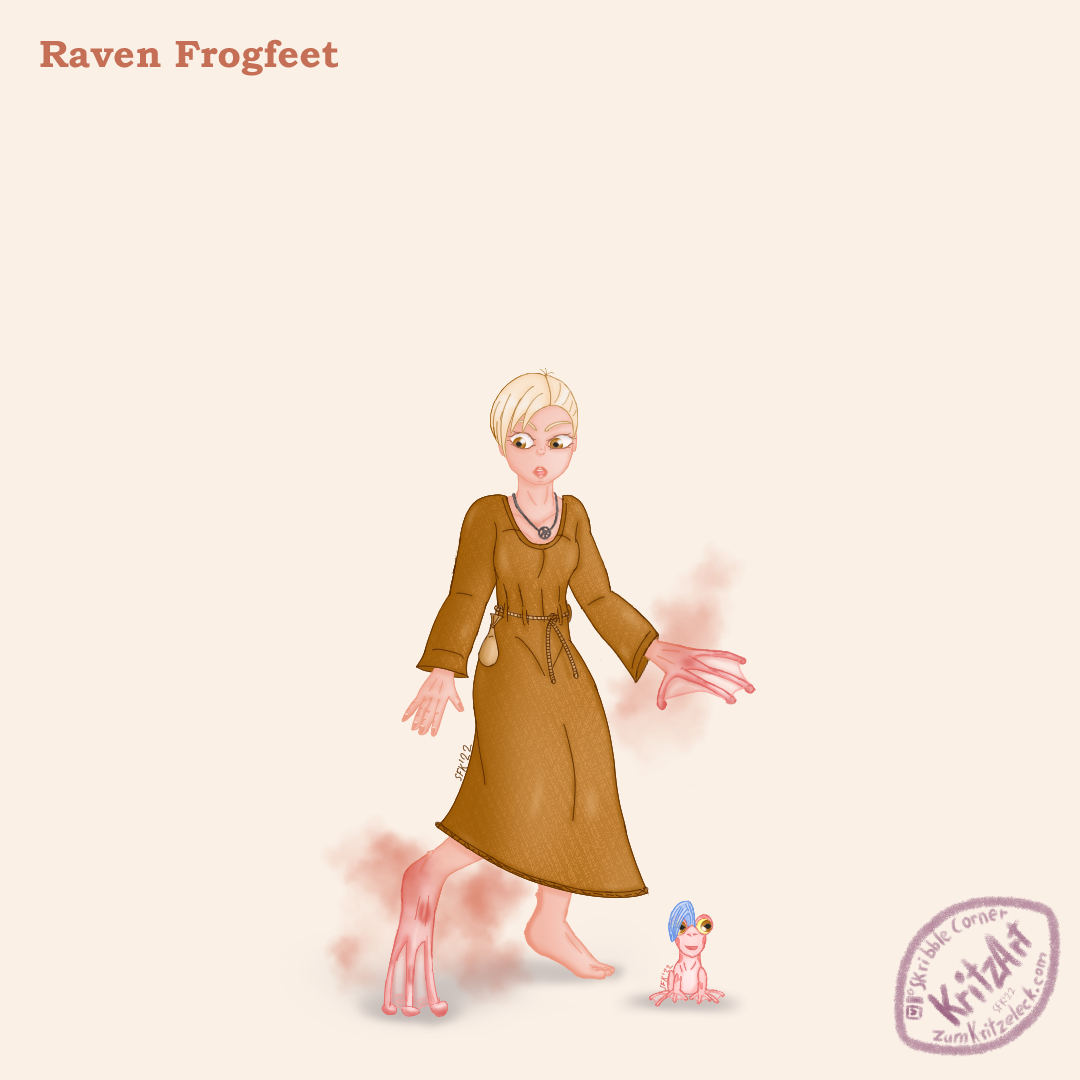 Digital Painting, comic style: Raven, a young woman with light rosy skin, short white hair in sidecut, barefoot, wearing a golden brown dress, tied with a rope in the middle, a pouch and a necklace with a raven charme, the left hand and the right foot are turned into frog hand and foot, Raven is looking amused towards the right, her her left a small pink frog sitting on the floor, Text: "Raven Frogfeet"