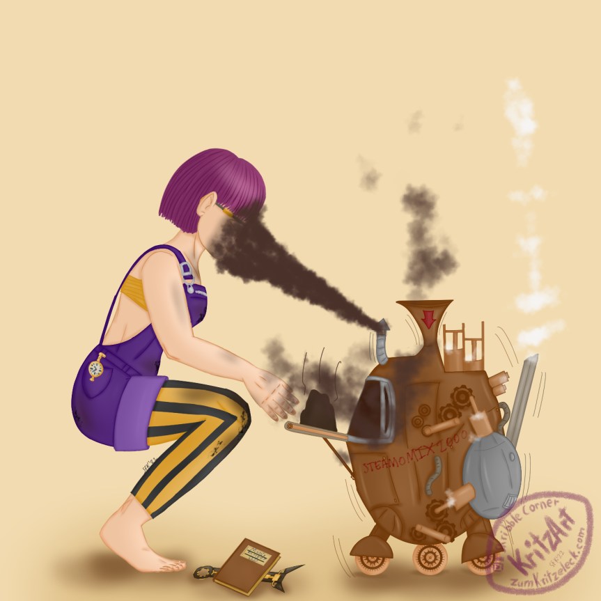 Digital painting, comic style: Crissy (young woman, purple hair, big round glasses, wearing yellow and black striped trousers and a short-legged dark violet mechanic's coat, a pocket watch dangling out of the back pocket) in side view, sitting in the squat watching a robot labelled "Steamomix 2000", a roughly egg form on three wheels with several hoses, cogwheels and cylinders, on top a funnel with a red arrow facing downwards, there also is a small open oven's door and a conveyor band with a black burnt cake on it, covered in black smoke; a thick black cloud of smoke is emerging from a small exhaust pipe, hitting Crissy straight in the face.
