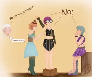 Digital painting, comic style: Crissy Faith (young woman, big round glasses, purple hair) in the centre of the painting, standing on a step stool, her right arm raised, wearing a black bellyfree leather suite with golden zippers and long leather gloves; next to her Potato (young woman, ginger neck long hair, two long bangs falling down the side, boots, kneelong skirt, brown leather corset, shoulder free blouse) in sideview, tailoring Crissy's suit; in the right edge of the painting Paula (young woman, short light turqoise hair, wearing plaided toefree boots, a plaided skirt and a bellyfree purple leather shirt) in sideview leaning with her butt against a shelf, amused facial expression, holding the fist in front of her mouth, grinning; in the left edge Conway's head (white hair, ponytail consisting of several streaks), impatient facial expression; Text: Conway "You still not ready?!", Potato, Crissy and Paula: "No!"; small oblong text box with an arrow towards Conway saying "Waiting for hours", decorated by Crissy's pocket watch.