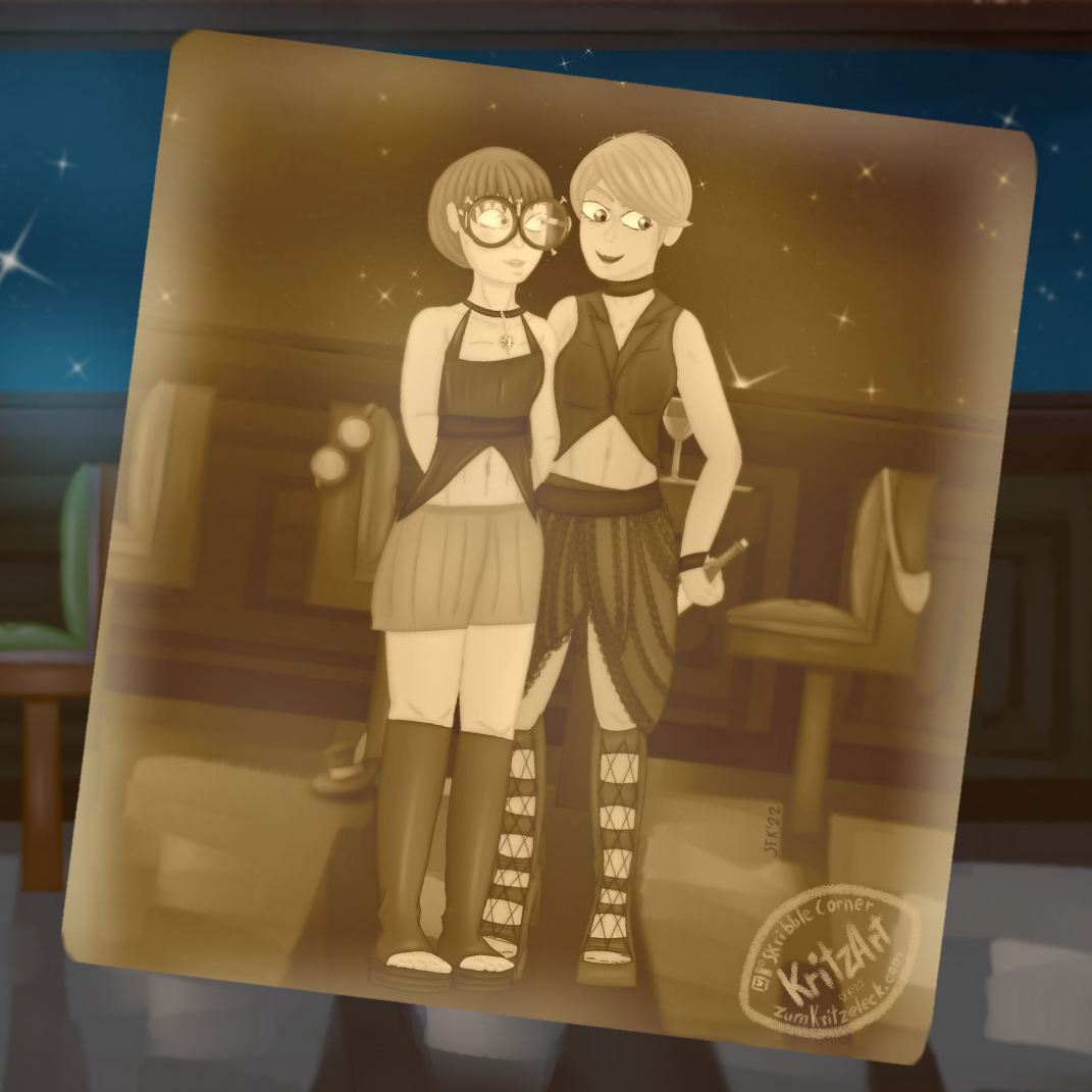 Digital painting, comic style: A photograph in sepia colours slightly askrew showing a ballroom inside of a Zeppelin with Paula and Crissy in it; Crissy: young woman, short purple hair, big round glasses, skirt, bellyfree top, toefree kneeboots; Paula: young woman, light green hair, a big bang combed to the left side, knee long dress, parted at the front, many frills, bellyfree shirt, plateau kneeboots, holding a bottle of wine to hide it behind her back; they are standing close together, Crissy looking blushing to Paula, Paula looking to the wine bottle out of the corners of her eyes; chairs, a table and a window showing a star filled night sky in the background; the photo is laid centrally over the (coloured) version of the Zeppelin's ballroom.