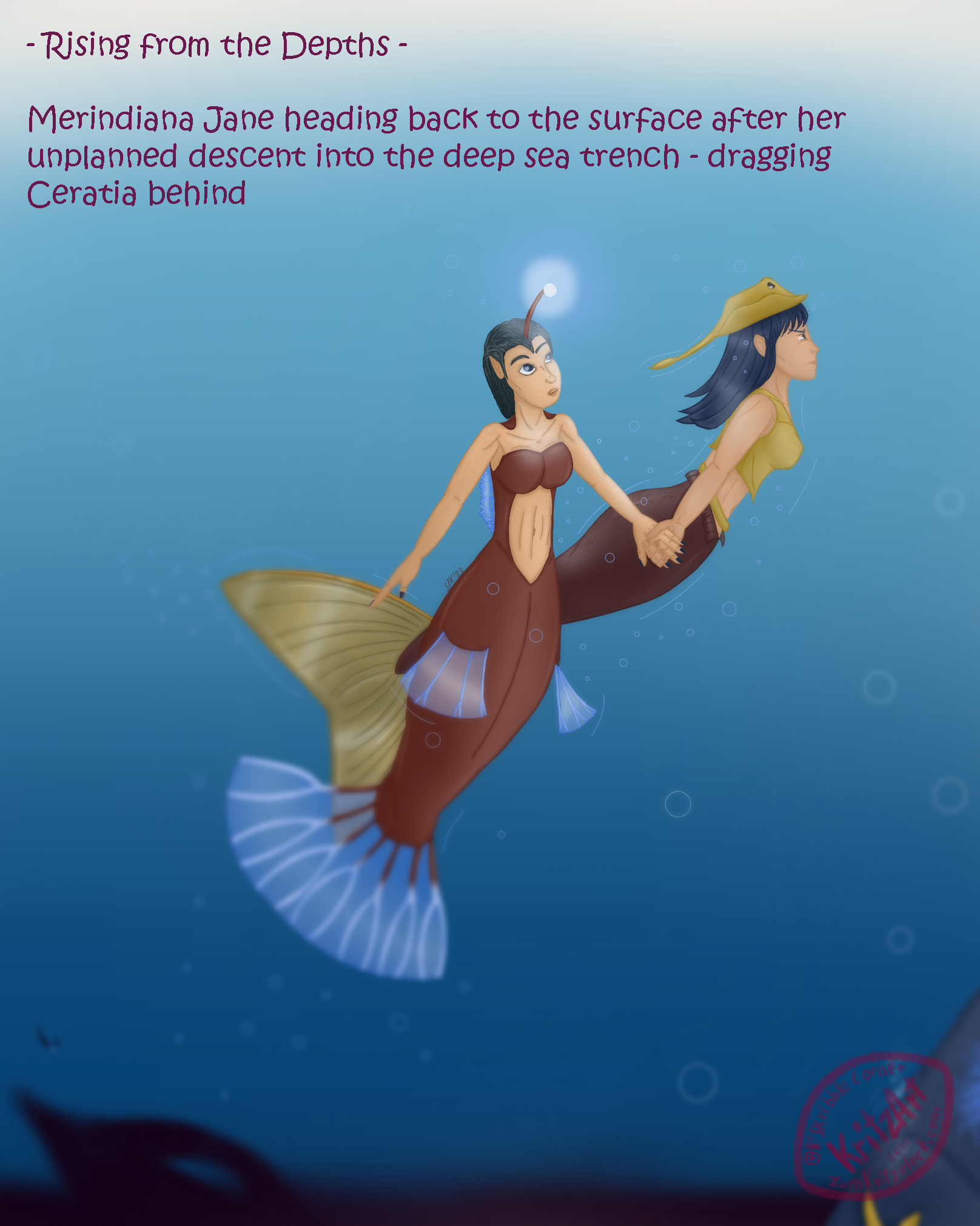 Digital painting, comic style: Merindiana Jane, a mermaid resembling Indiana Jones, dark blue hair, a stingray as hat, looking determined, swimming towards the right upper corner of the painting, dragging Ceratia with her, a mermaid bases on and anglerfish including a light bulb on a rod originating on her forehead; in the background a dark bottom and the wreck of the Nautilus (submarine), two divers apporaching the wrack; text: "Rising from the depths - Merindiana Jane heading back to the surface after her unplanned descent into the deep sea trench - dragging Ceratia behind".